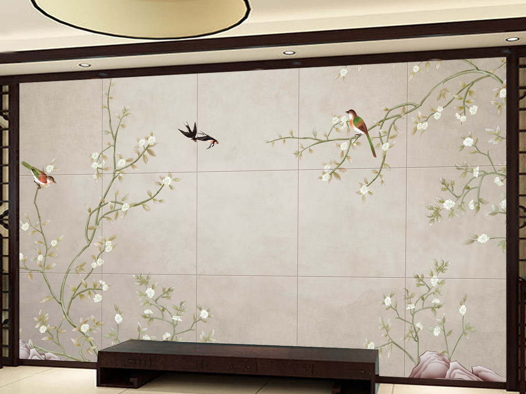 新中式手绘花鸟背景墙工笔花鸟电视背景墙素材