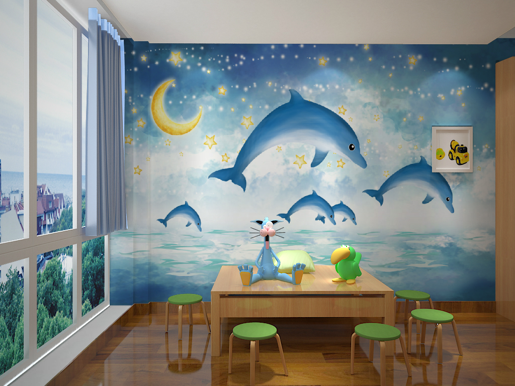 北欧手绘鲸鱼海豚卡通动物儿童房背景墙(图片编号:17038920)_手绘壁画