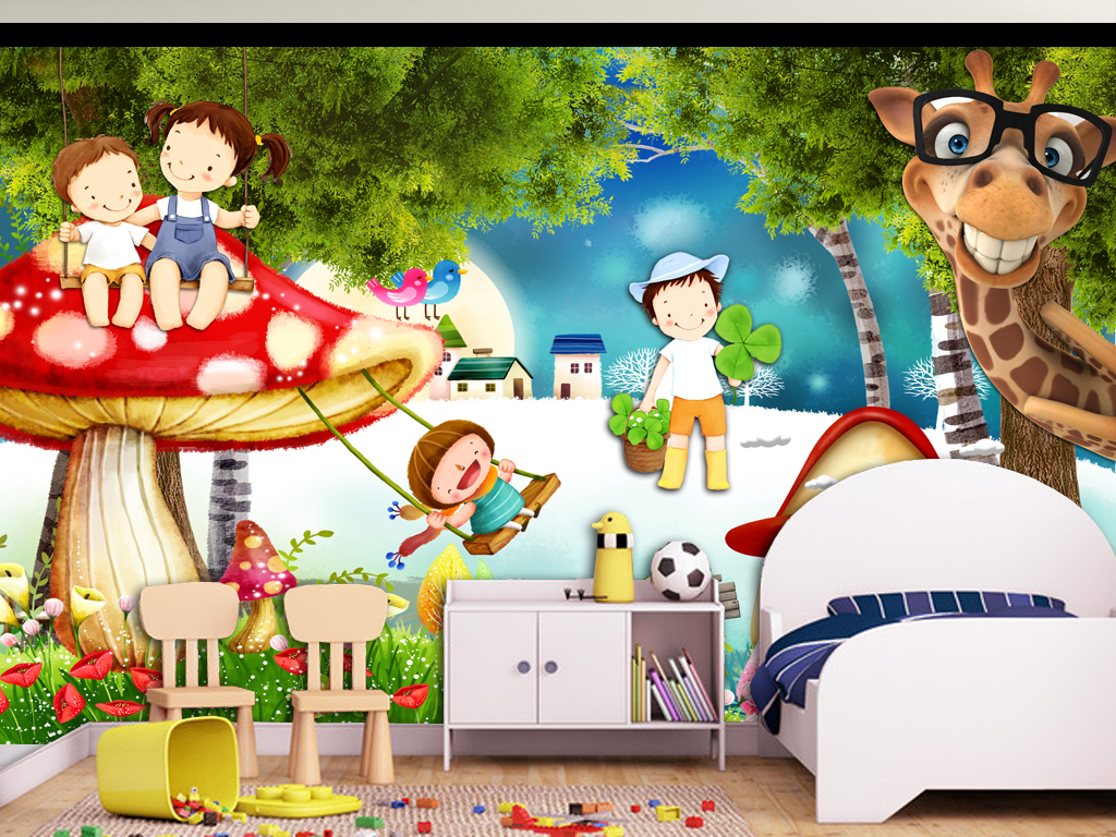 唯美卡通儿童房温馨卡通小孩房背景墙壁画