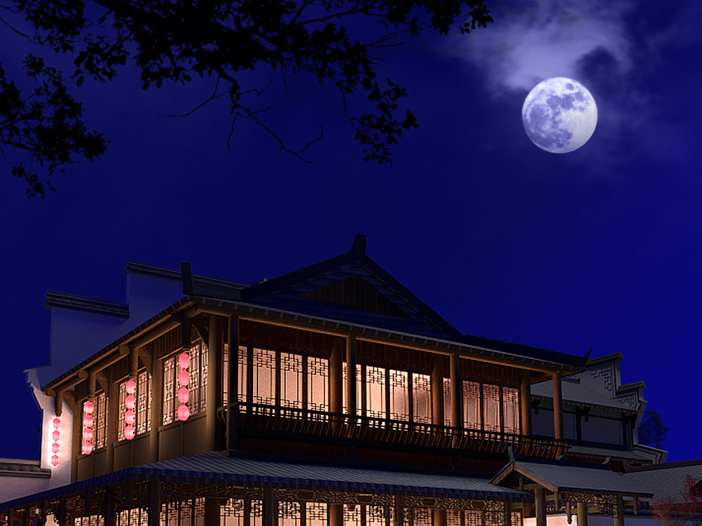 中式古建夜景3d模型 效果图psd
