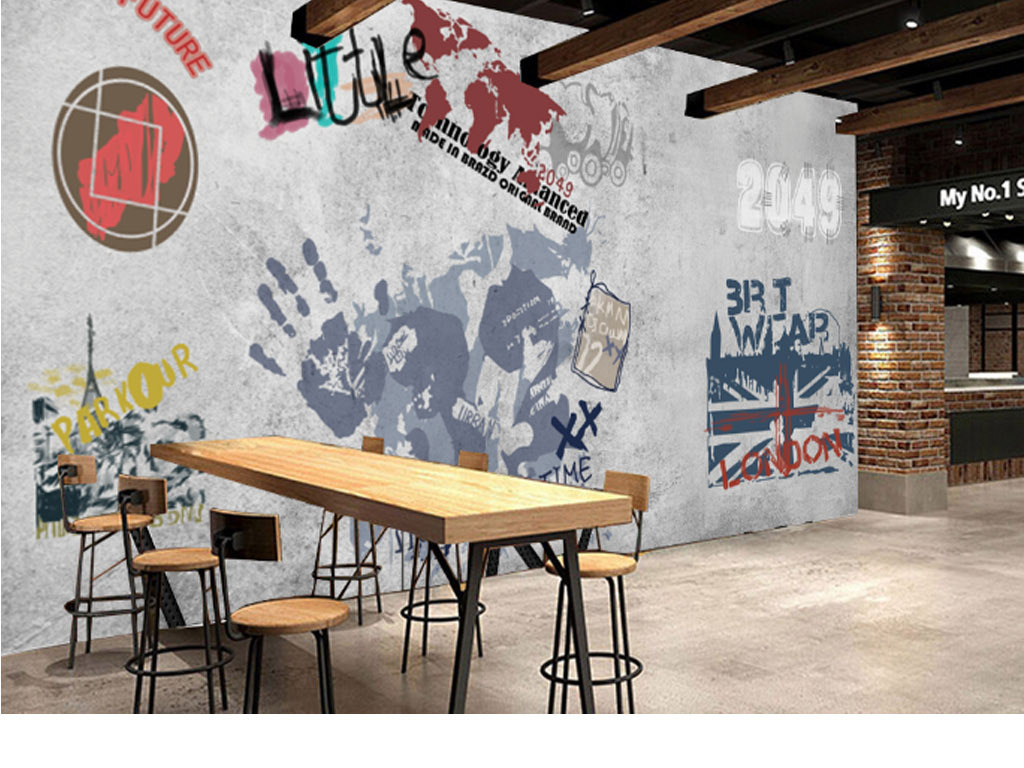 复古涂鸦水泥墙个性背景墙