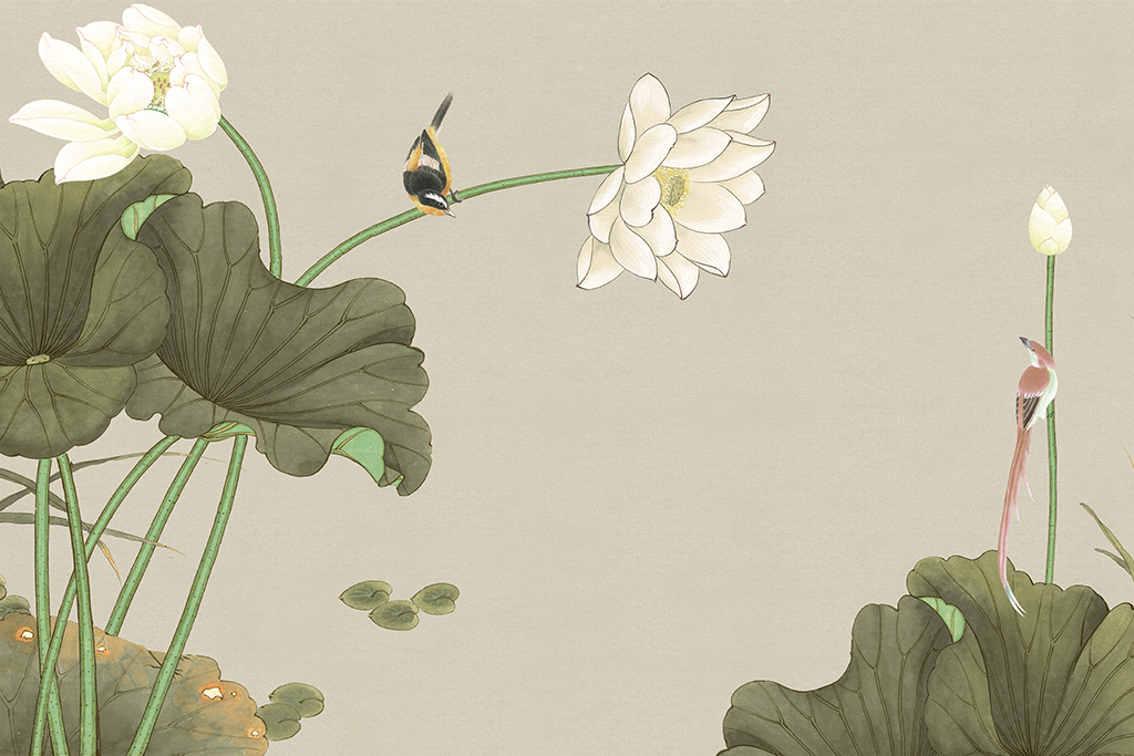 新中式简约禅意工笔花鸟荷花背景墙装饰画