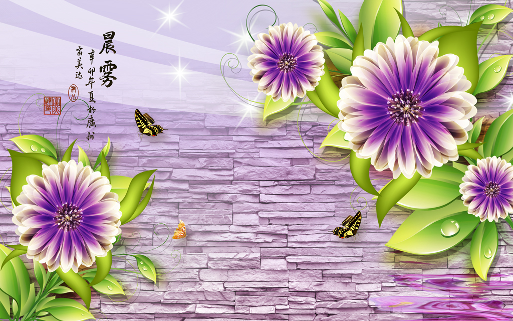 梦幻花朵潮流花朵花卉复古砖墙背景墙壁画