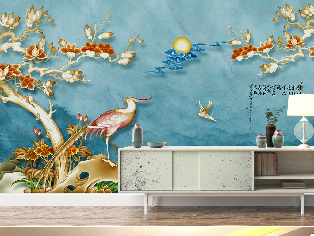 3d电视背景墙新中式装饰画工笔画浮雕花鸟画