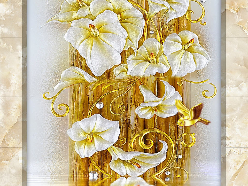 3d立体浮雕花卉大理石玄关背景墙壁画