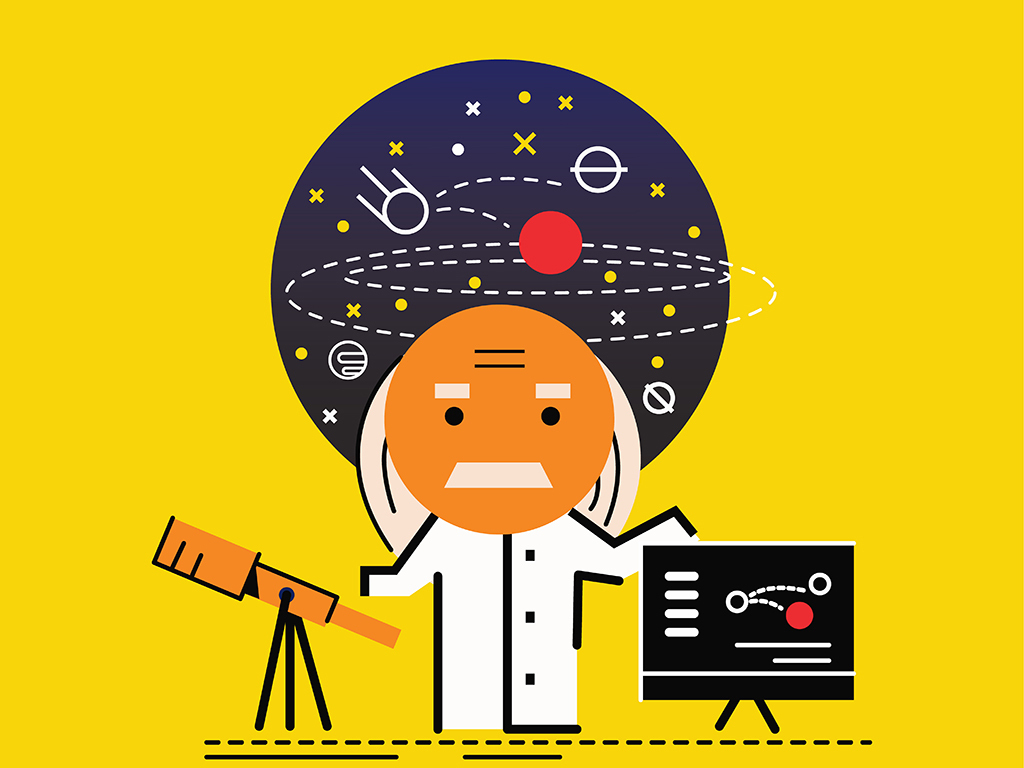 扁平化可爱天文学家观测宇宙插画矢量素材