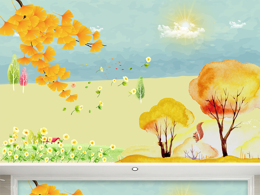 油画卡通风景松鼠花卉花朵背景墙