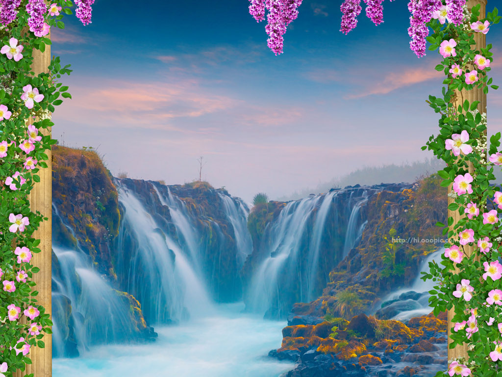 花园罗马柱瀑布风景3d玄关