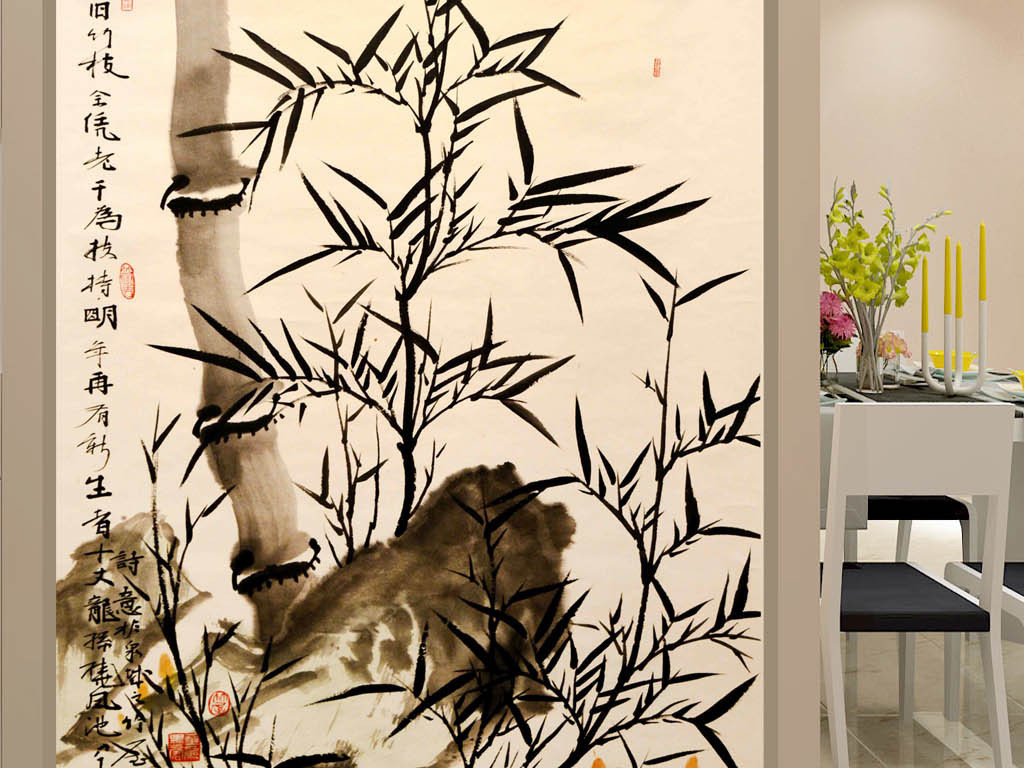 国画水墨飞鸟竹子玄关装饰画(图片编号:17155486)_中式玄关_我图网