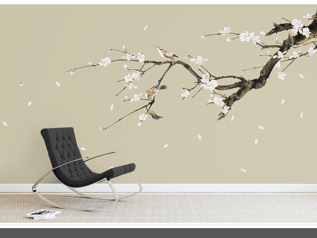 玉兰手绘工笔花鸟新中式背景墙装饰画