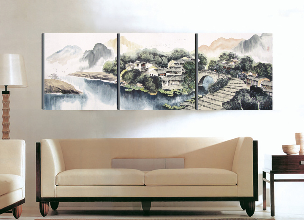 新中式水墨山水江南水乡风景画无框画50080-2