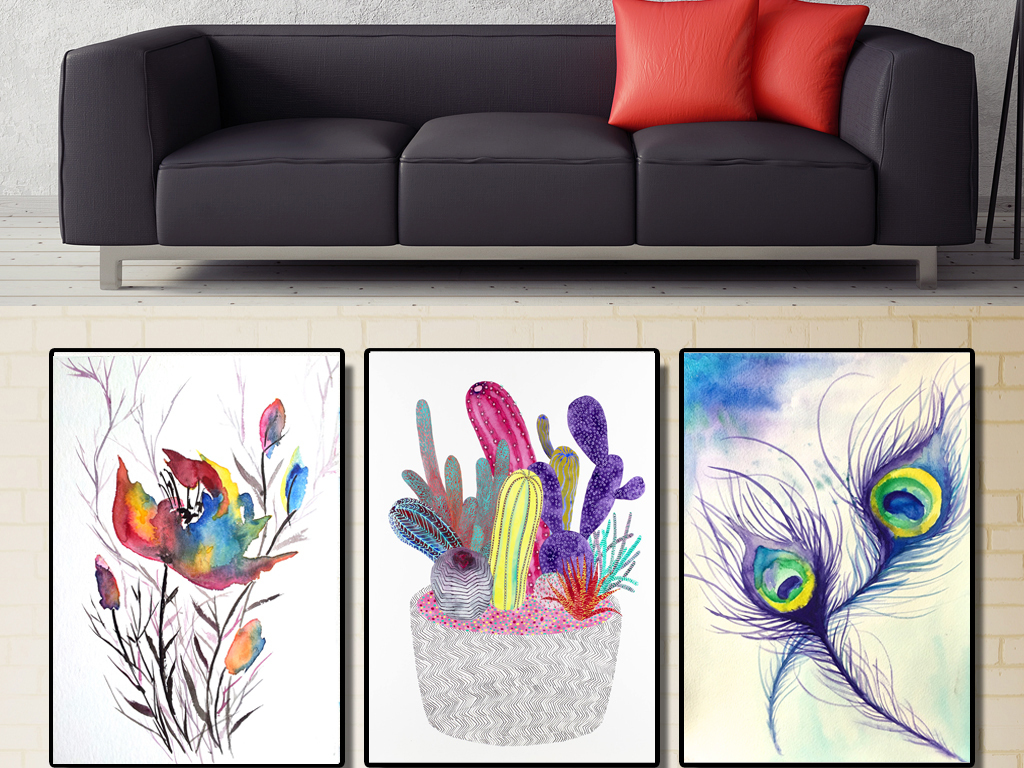 北欧清新水彩北欧简约抽象羽毛装饰画