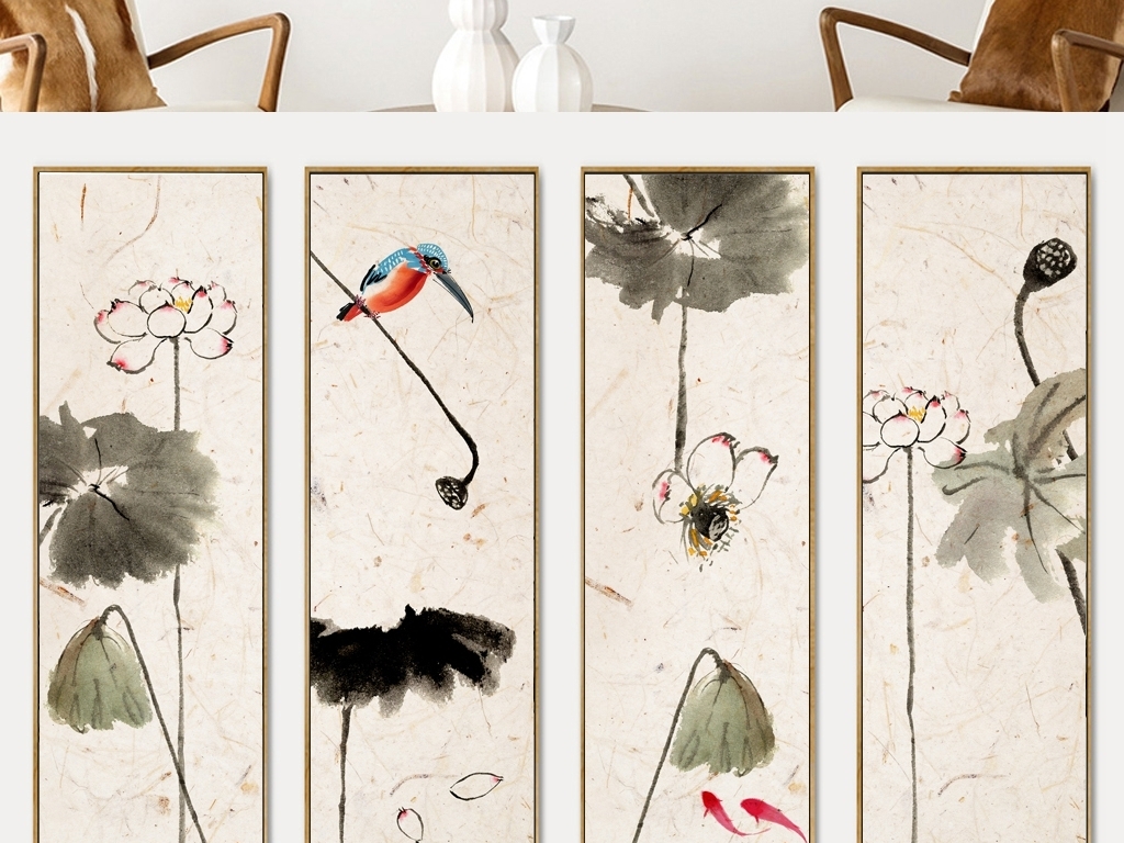 新中式现代简约四条屏水墨荷花花鸟装饰画(图片编号:17219722)_中国风