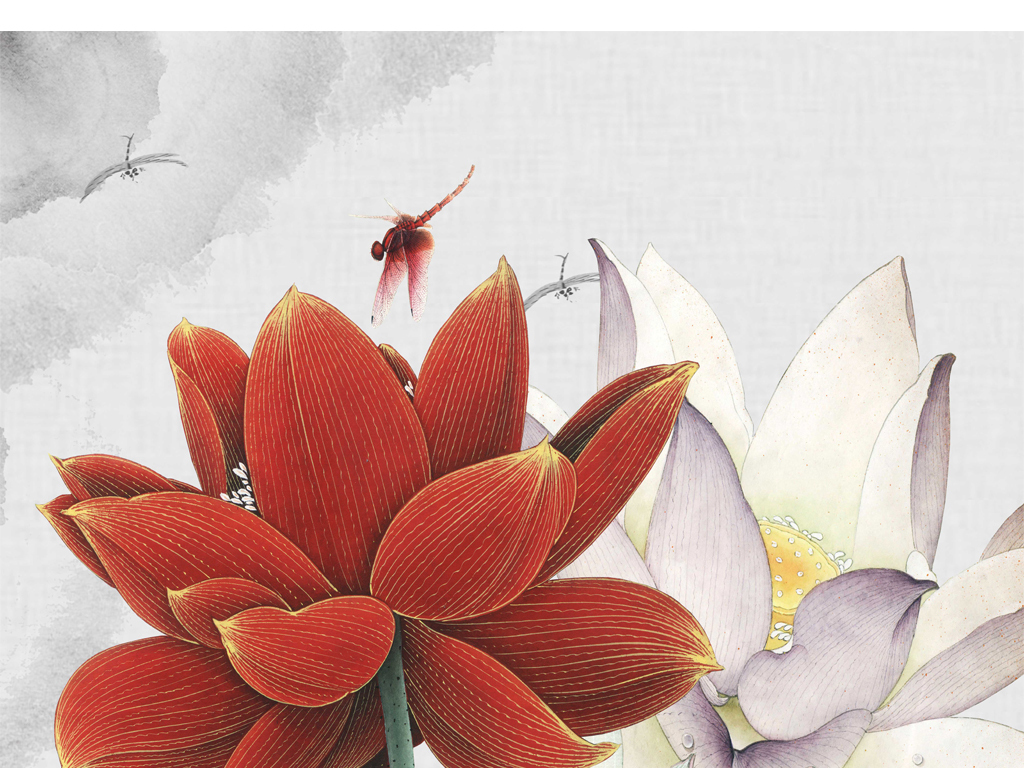 新中式手绘荷花玄关背景墙装饰画