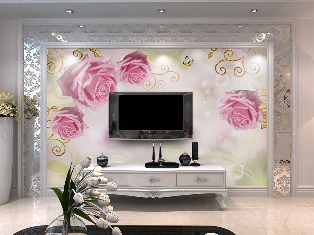 现代简约唯美玫瑰花卉客厅电视背景墙