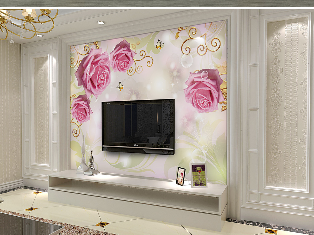 现代简约唯美玫瑰花卉客厅电视背景墙