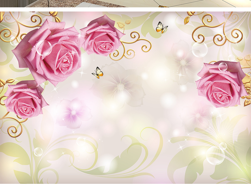 现代简约唯美玫瑰花卉客厅电视背景墙