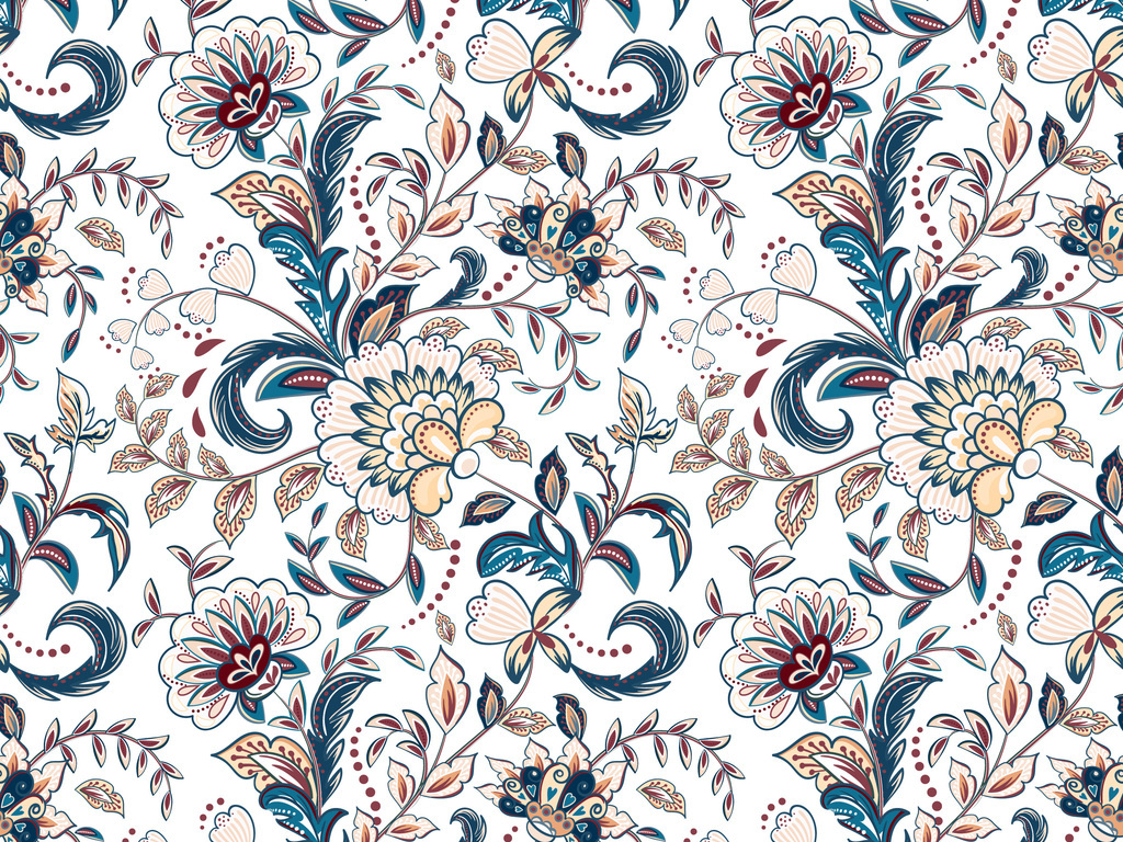 新款ai矢量图植物花卉蝴蝶无缝印花图案