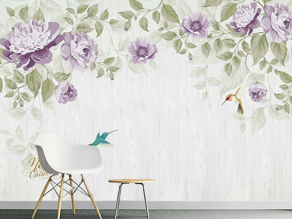 美式田园手绘花卉背景墙壁画