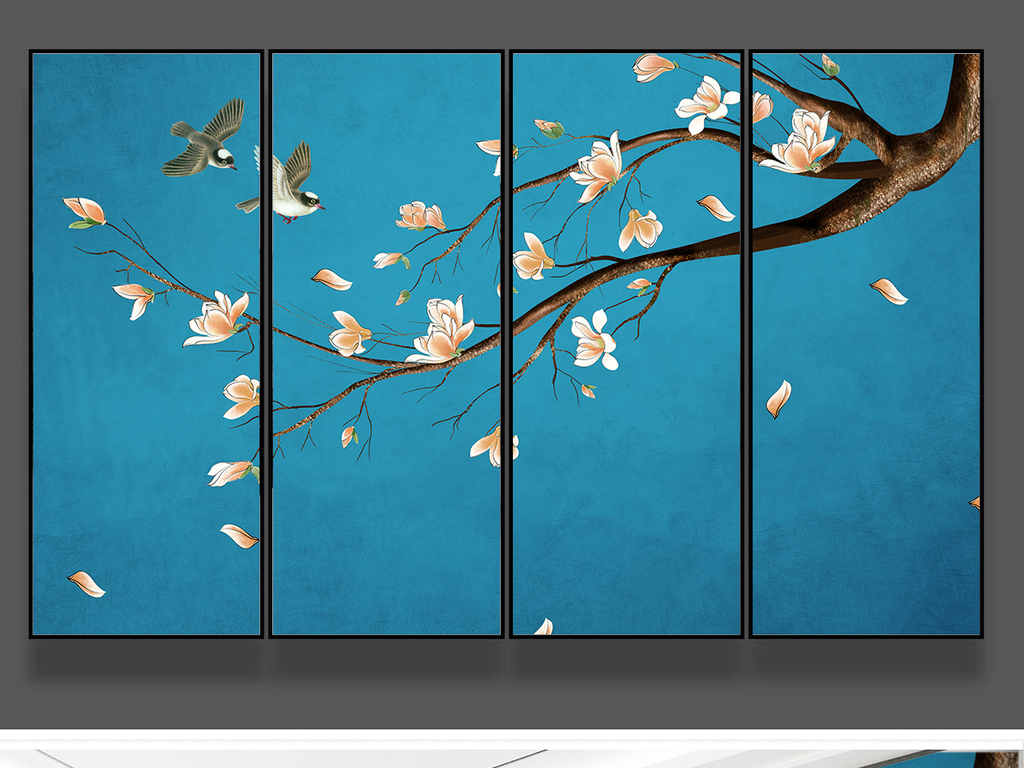 玉兰花手绘工笔花鸟新中式背景墙装饰画
