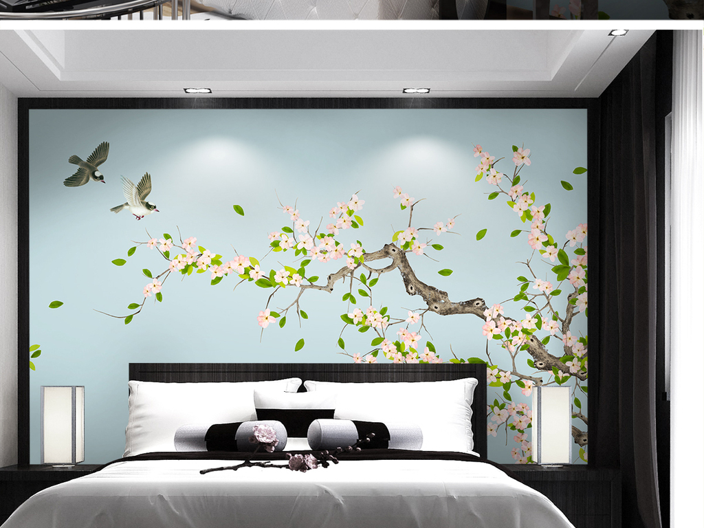海棠花新中式手绘工笔花鸟背景墙装饰画