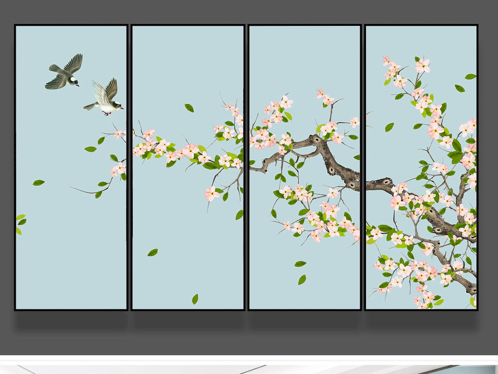 海棠花新中式手绘工笔花鸟背景墙装饰画