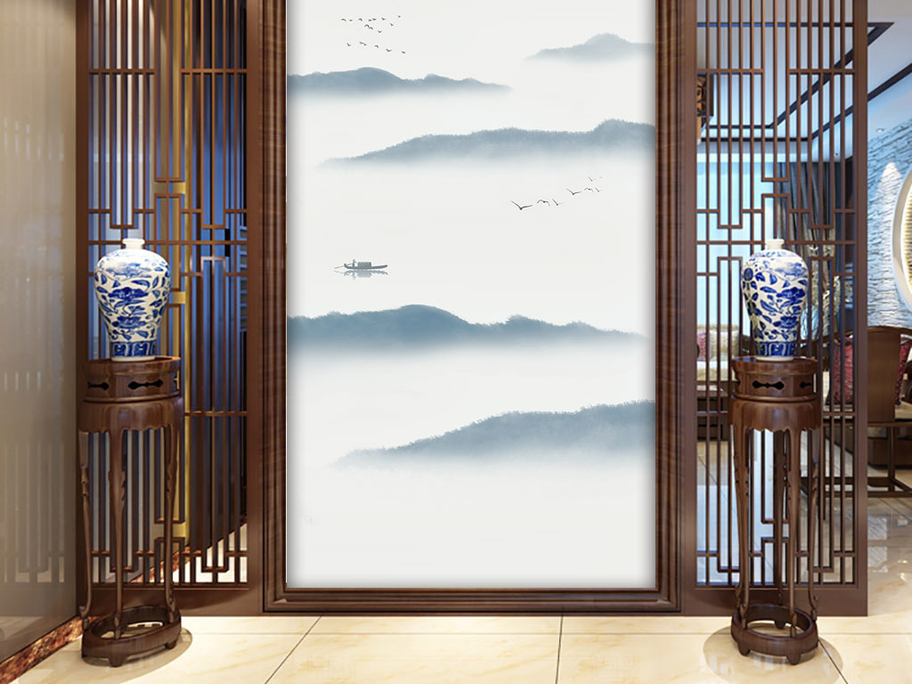 新中式禅意水墨山水国画挂画玄关画