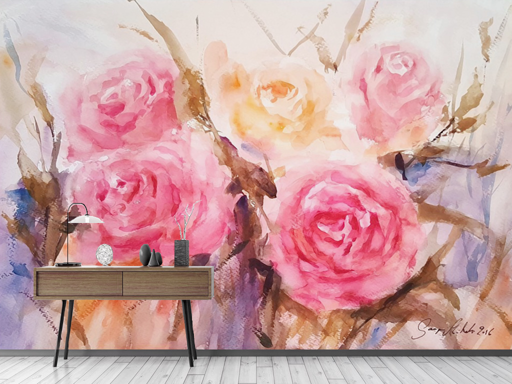 北欧抽象粉色玫瑰花油画背景墙