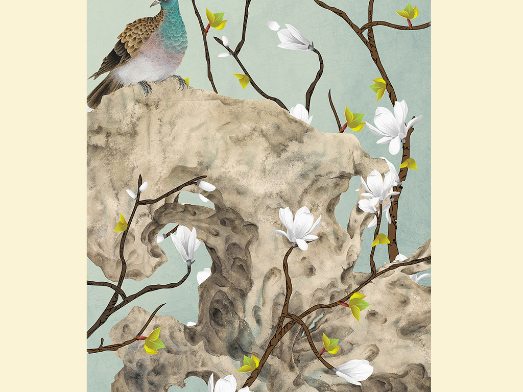 白玉兰工笔花鸟新中式玄关背景墙装饰画