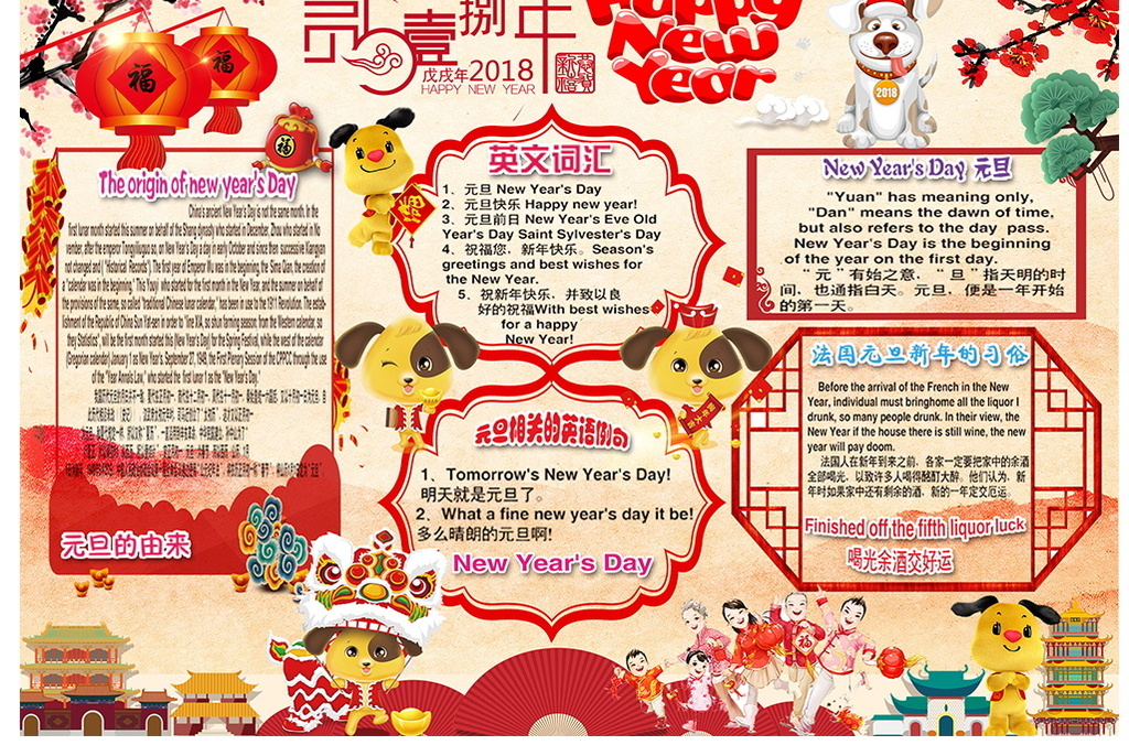 春節小報狗年元旦英語電子小報新年手抄報