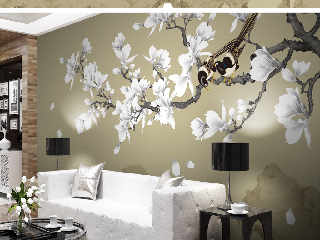 白玉兰手绘工笔花鸟新中式背景墙装饰画