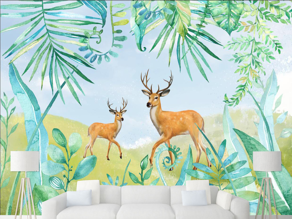 北欧手绘热带植物麋鹿儿童房间背景墙壁画图片设计素材_高清psd模板