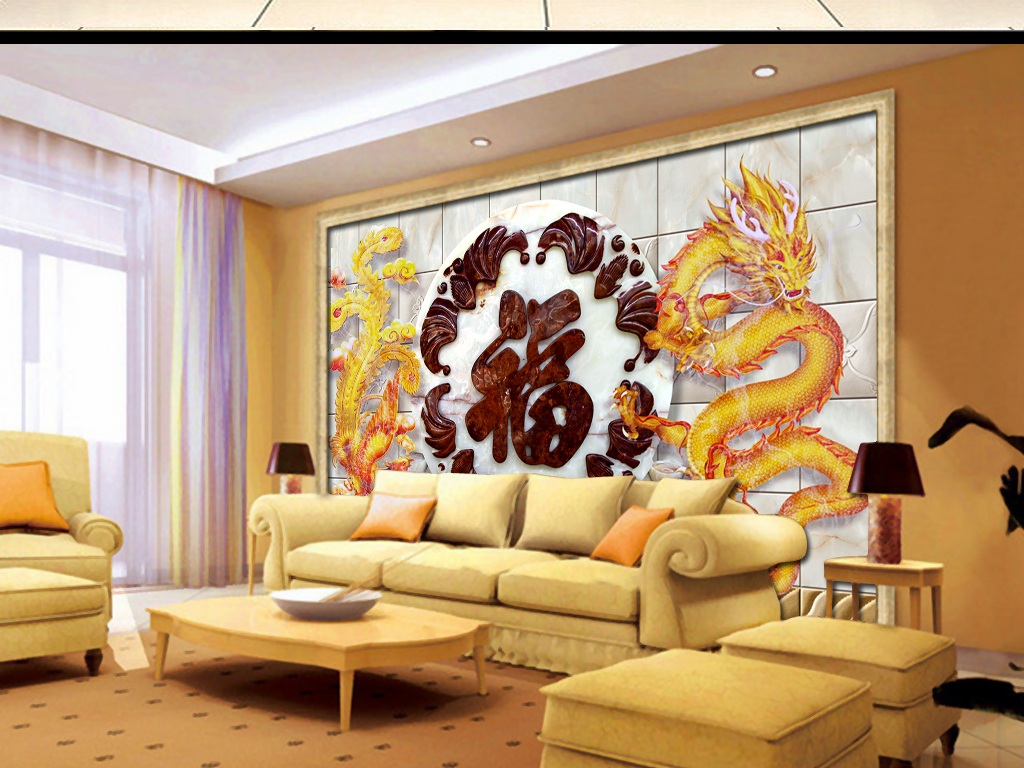 龙凤迎福大理石壁画浮雕背景墙装饰画