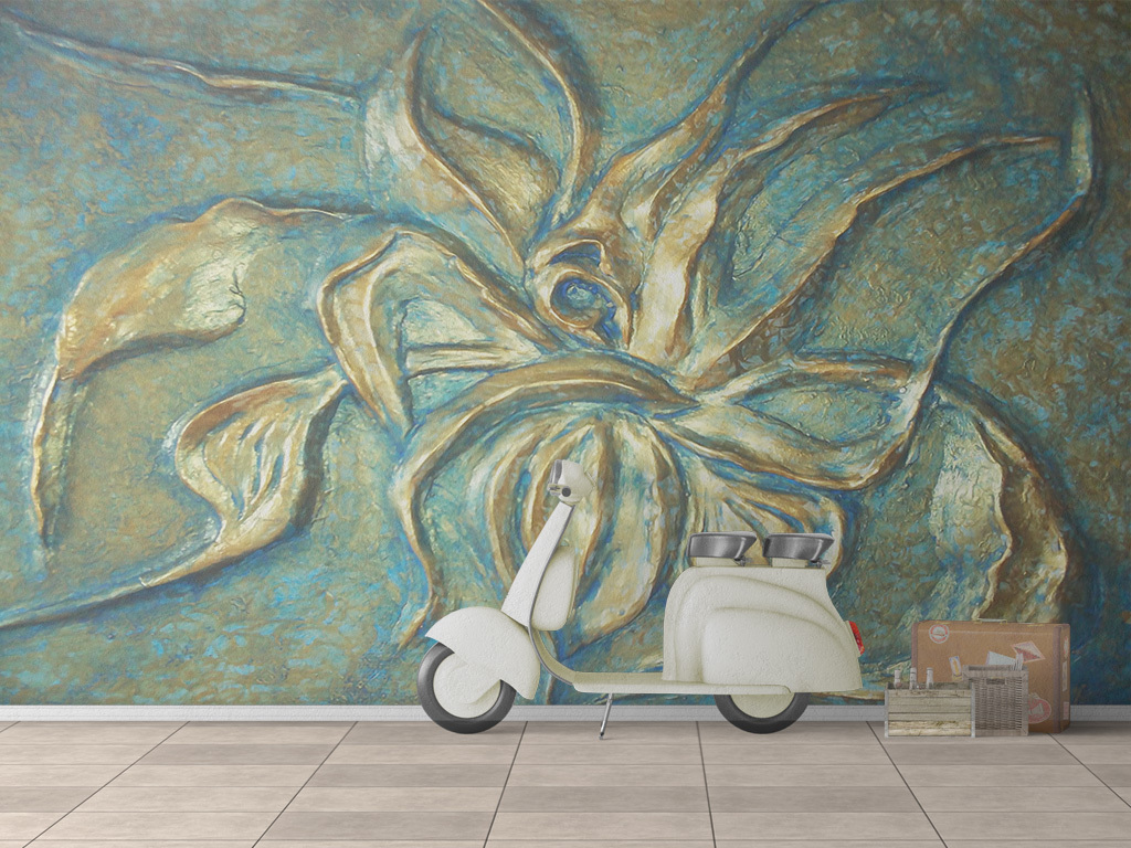 3d立体浮雕金色花朵背景墙壁画