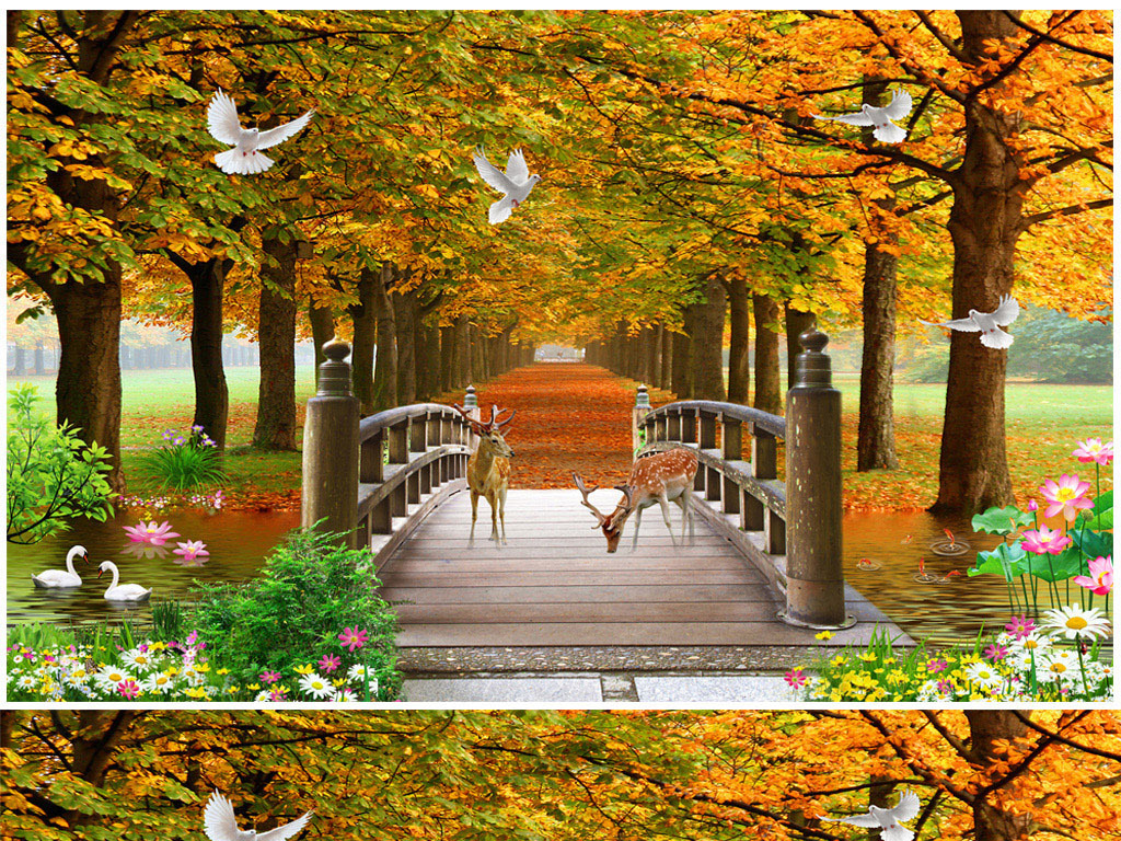 风景画黄金树黄金大道森林风景工装背景墙