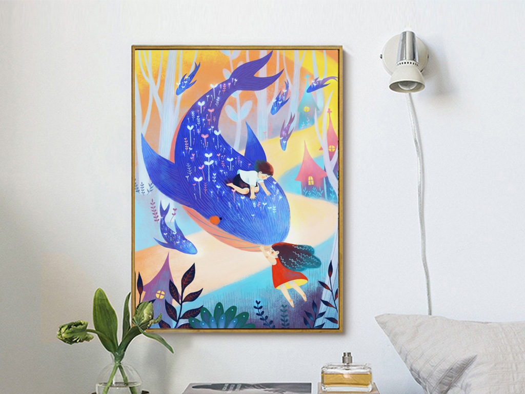 北欧现代海豚儿童房装饰画无款画挂画