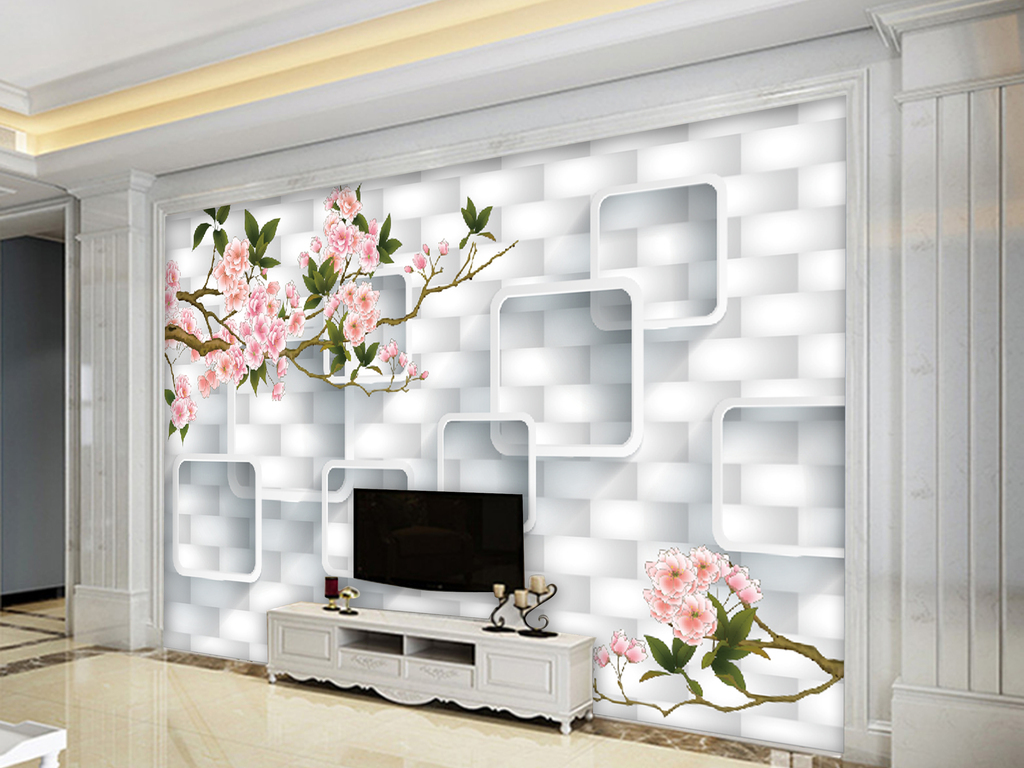 3d格子桃花(图片编号:17355112)_彩雕电视背景墙_我图网