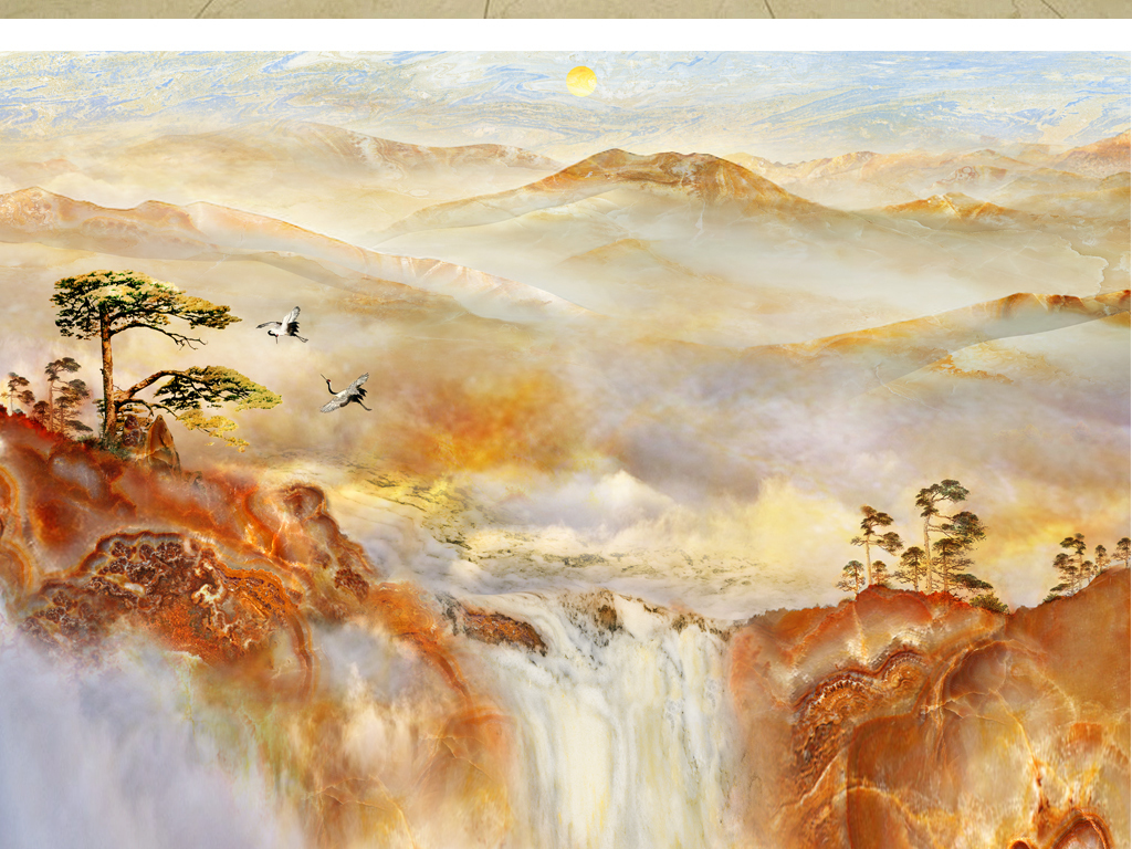 流水生财高山流水迎客松大理石山水画