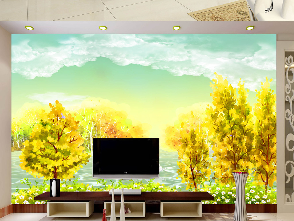 油画风景电视背景墙素材