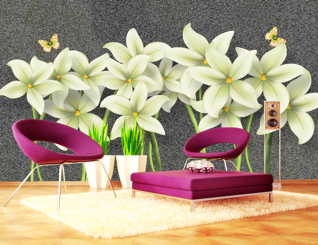 唯美百合花复古客厅电视沙发背景墙壁画