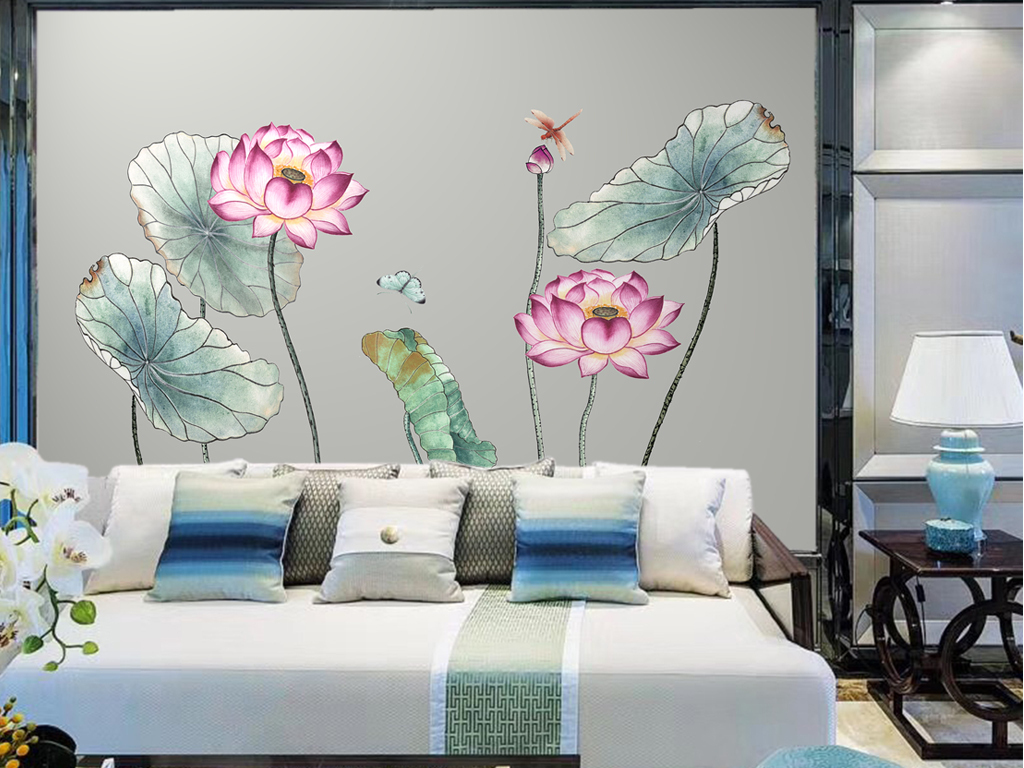 新中式禅意工笔画手绘荷花背景墙装饰画