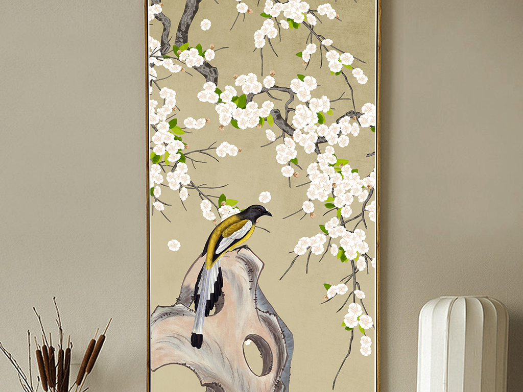 新中式手绘梨花工笔花鸟玄关背景墙装饰画