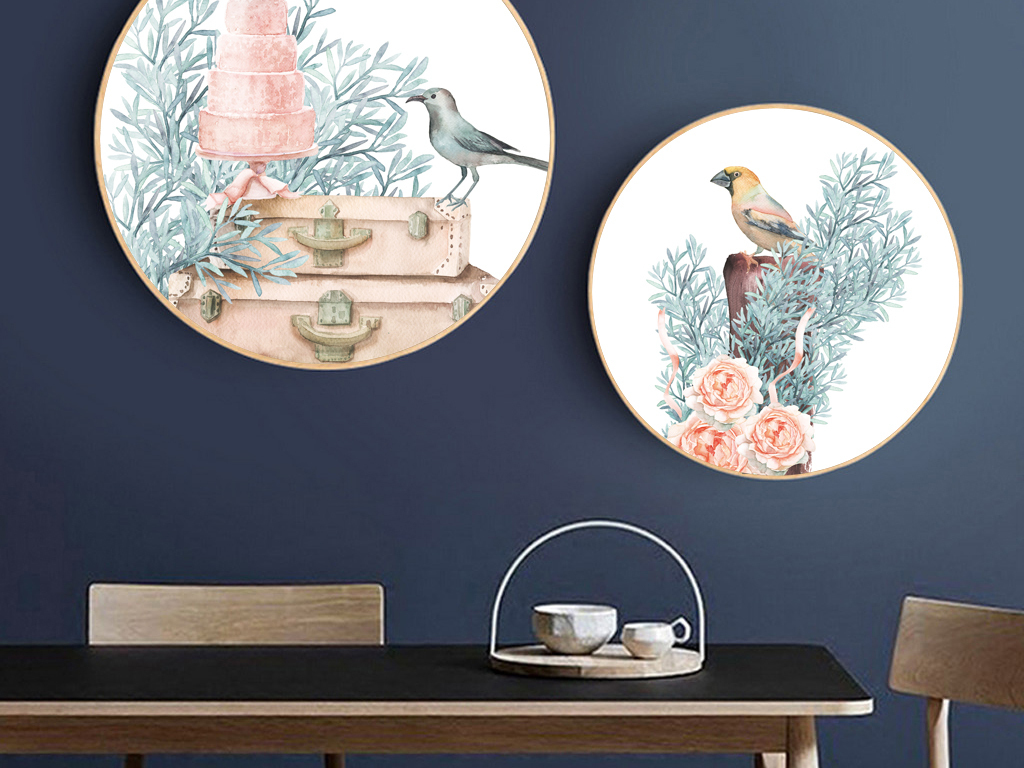 清新水彩手绘花鸟装饰画圆形无框画