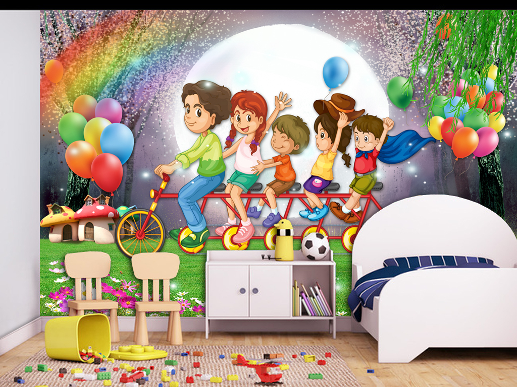 梦幻儿童房梦幻小孩房卡通背景墙壁画墙画