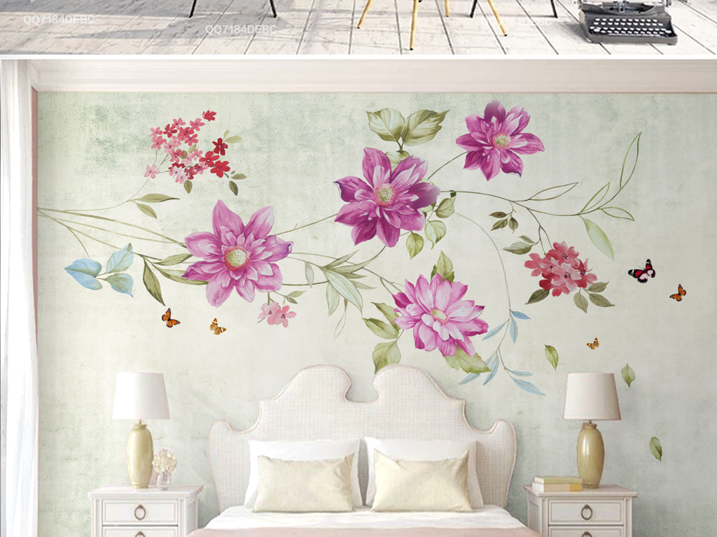 温馨手绘花卉客厅电视背景墙壁画