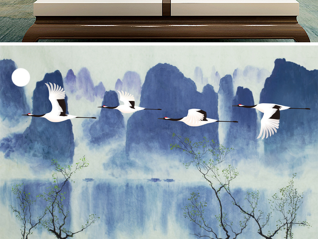 新中式仙鹤山水情禅意水墨画电视背景墙