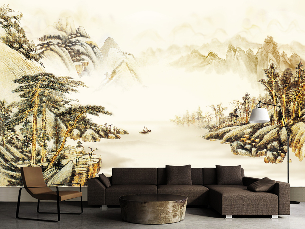 工笔山水迎客松背景墙壁画(图片编号:17436083)_工笔山水画_我图网