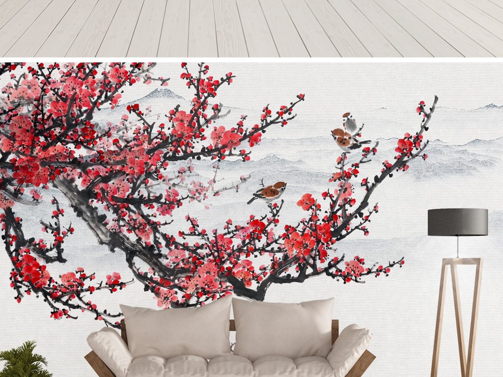 梅花喜鹊手绘新中式水墨山水花鸟背景墙