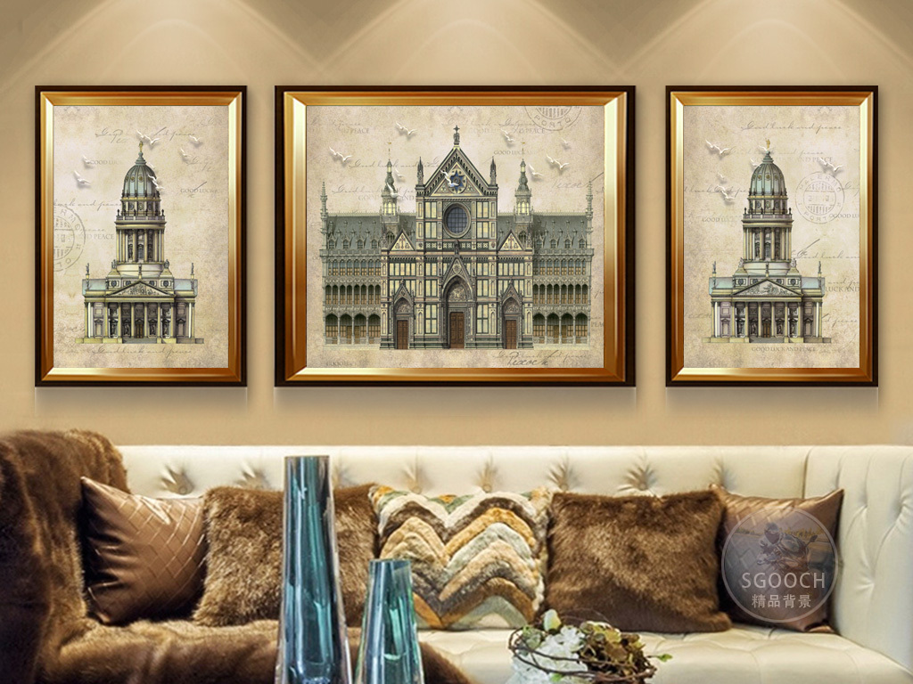 欧式复古手绘建筑城堡系列组合装饰画三联画