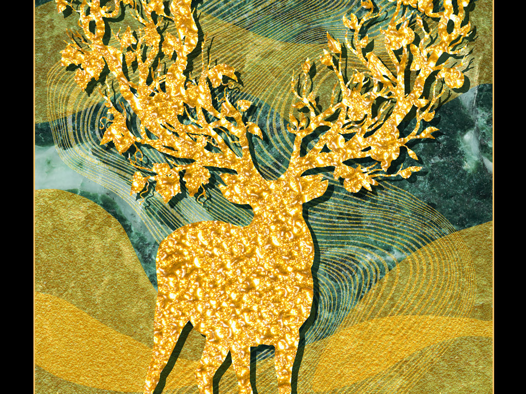 欧式金色发财鹿大理石玄关装饰画